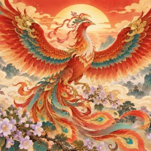 Chinese fenghuang phoenix above flowering paulownia branches