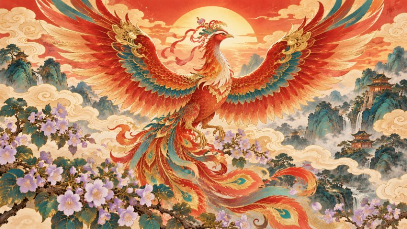 Chinese fenghuang phoenix above flowering paulownia branches